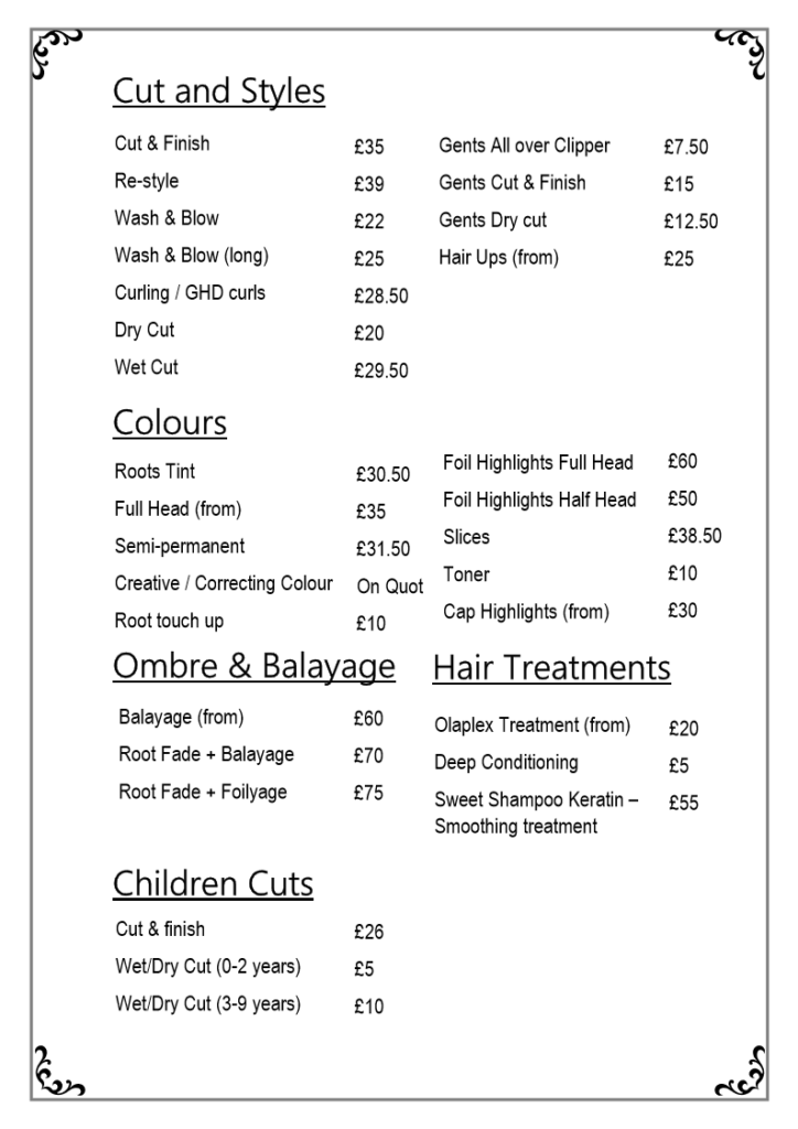 Price List Hair Icon Timperley | Hair Icon - Hairdressers in Manchester