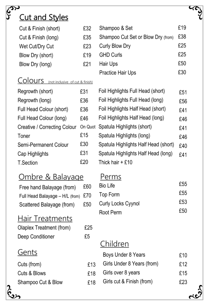 Price List Hair Icon Ashton on Mersey Hair Icon Hairdressers in